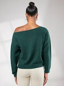 SHEIN BASICS 女款素色落肩針織衫，深秋休閒不對稱長袖寬鬆冬季上衣 - 墨綠色 - 查看 2