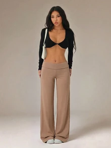 SHEIN PETITE 黑色高腰寬腿寬鬆休閒長褲 - 卡其色 - 查看 5
