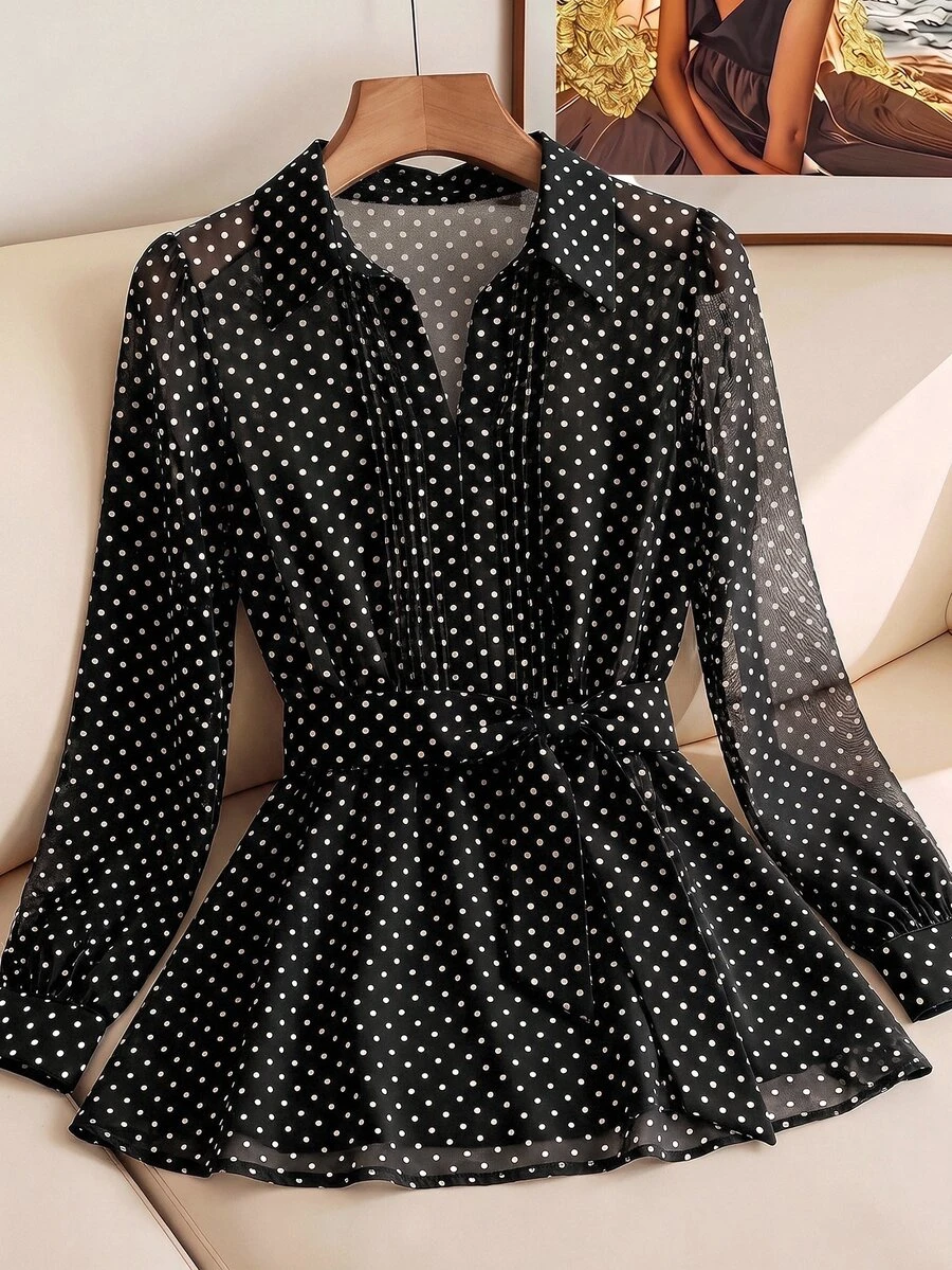 SHEIN Clasi 女款優雅波點印花長袖彼得潘領襯衫 - 黑與白 - 查看 1