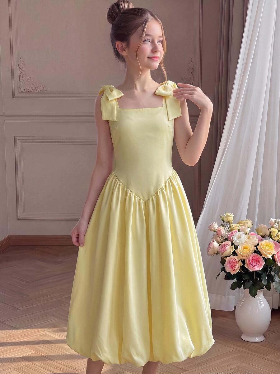 Kids Tween Girl Solid Color Sleeveless Dress With Shoulder Bow Decor - Yellow - View 1