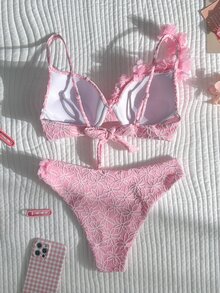 SHEIN Swim Vcay 女款 3D 花卉裝飾比基尼兩件式泳衣，附胸墊與鋼圈支撐 - 粉色 - 查看 2