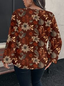 EMERY ROSE Plus Size Elegant Simple Lantern Sleeve Keyhole Neck Blouse, Autumn - Multicolor - View 2