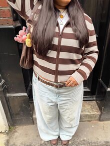 Solavibe 大尺碼女款連帽條紋針織開襟衫，適合度假、派對、日常外出、聚會、戶外活動，冬季穿著 - 卡其色 - 查看 9