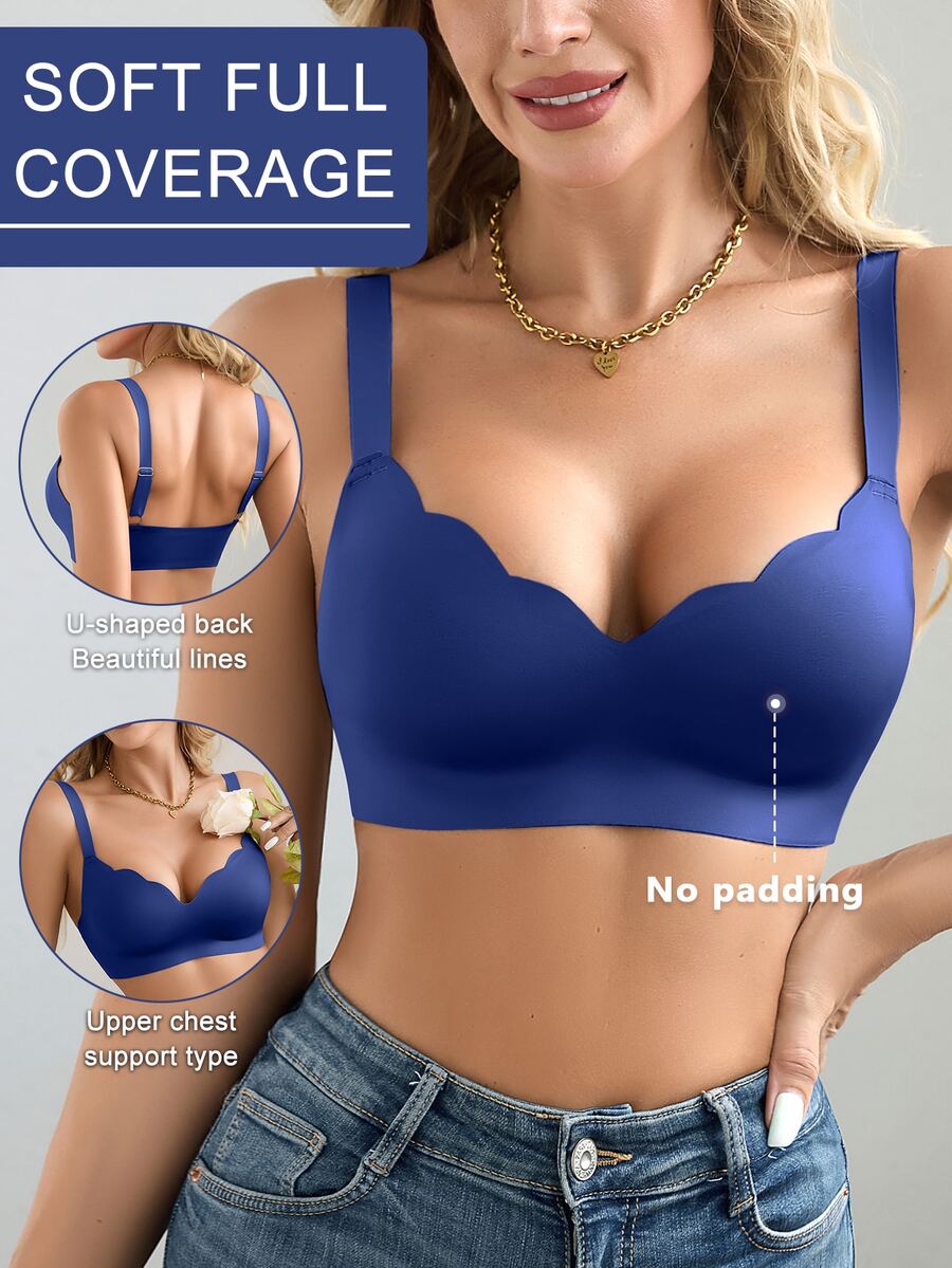 NudeFit حمالة صدر نسائية بدون أسلاك معدنية، بتصميم بسيط بدون خياطة وحافة متموجة، بلون موحد، رافعة للصدر وتغطية كاملة، 1 قطعة - أزرق بحري - مشاهدة 1