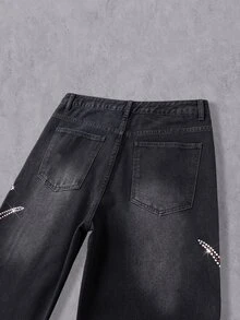 Manfinity Denimwave 男士時尚嘻哈街頭夜店哥德風現代水鑽設計黑色水洗牛仔寬腿褲 - 黑色 - 查看 7