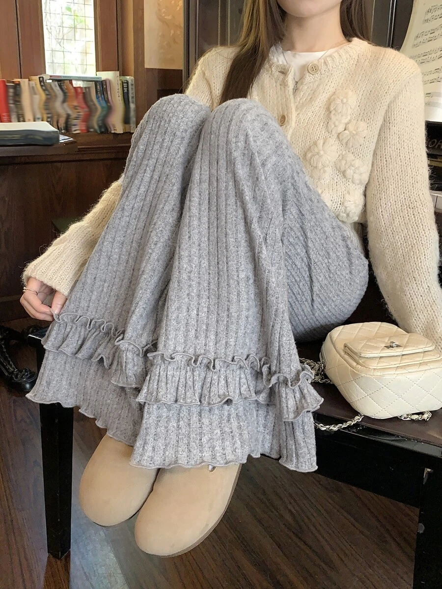 DAZY Women's Gray Knitted Ribbed Ruffle Wide Leg Pants, Sweet Casual For Shopping And Home Wear, Autumn/Winter - Grey - View 1
