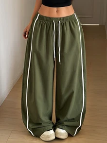 StreetHx Women's Drawstring Waist Casual Loose Sports Curved Leg Pants - Army Green - View 4