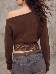 Autumina Women's Lace Patchwork Asymmetrical Shoulder Long Sleeve Sweater For Daily Wear - Coffee Brown - View 2