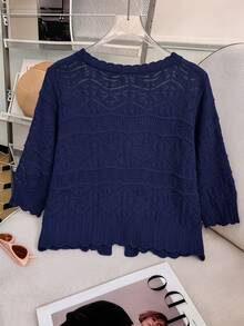GlowEve CURVE Plus Size Elegant Hollow Out 3/4 Sleeve Round Neck Tie Bow Cardigan - Royal Blue - View 2