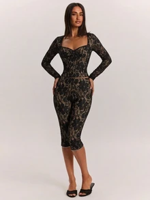 SHEIN BAE Autumn/Winter Solid Color Square Neck Long Sleeve Women's Lace Top & Lace Pants 2 Pieces Set, Elegant Outfit - Black - View 4