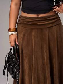Rustia Hot Girl Style Caramel Brown Suede Lace Patchwork High Waist Flared Mid-Length Skirt - Brown - View 4