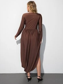 Maija Plus Size Women's Solid Color Long Sleeve Round Neck Cinched Waist Ruffle Hem Dress - Brown - View 2