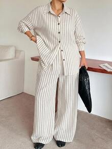 Dazy Plus Fun Commute Office Casual Striped Loose Fit Spring/Autumn New 2 Pieces Set - Apricot - View 4