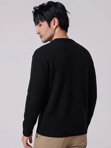 Manfinity Homme 聖誕男士圓領懶人長袖套頭毛衣，保暖家庭氛圍親子情侶套裝 - 黑色 - 查看 2