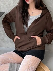 K-Vae Women's Deep Brown V-Neck Hooded Sweatshirt, Loose Fit Pullover With Pockets, Casual Top - Multicolor - View 5