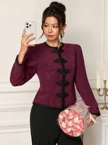 EastFlair Women's Elegant Chinese Style Regular Long Sleeve Jacket With Frog Button Placket - Burgundy - View 2