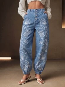 Anewsta Women's Exquisite Luxurious Heavy Embroidery Rope Decor White Long Pants For Summer Vacation - Blue - View 5
