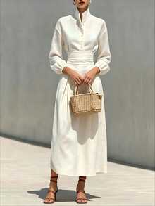 SHEIN LUNE Women's Solid Color Pleated Casual Party & Travel Dress - Ivory White - View 3