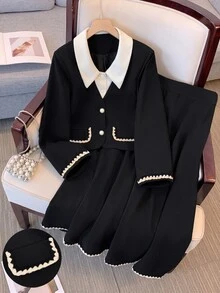 GlowEve CURVE Plus Size Women's Colorblock Long Sleeve Top And Skirt Fashion 2 Pieces Set - Multicolor - View 3