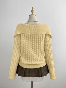 Elamini Women's White Casual Versatile Commute Daily Wear Classic Cable Knit Half-Open Front Pullover Sweater, Autumn/Winter - Yellow - View 2