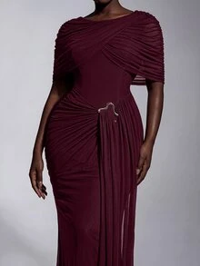 Elitara Plus Size Elegant Luxurious Off-Shoulder Elastic Knit Mesh Ruched Mermaid Skirt, Suitable For Wedding, Event, Bachelorette Party, Vacation, Ball, Evening Dress - Burgundy - View 5