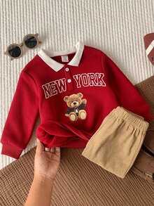 SHEIN 男女嬰幼兒 2件組秋冬保暖內裡加厚可愛泰迪熊圖案 Polo 領運動衫套裝，Polo 套裝，嬰兒冬季衣物，聖誕 - 酒紅色 - 查看 5