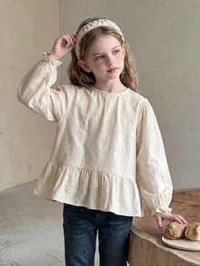DAZY Blus Kasual Bertekstur Lengan Mengembang dengan Pinggang Ramping untuk Anak Perempuan (Tween Girl) Desain Musim Gugur/Dingin - Krem - View 5