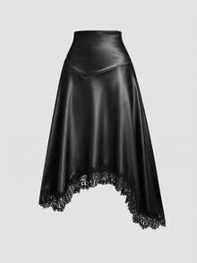 Sweetra Premium Black Shiny Satin High-Waist Slimming Asymmetrical Hem Eyelash Lace Patchwork Draped Skirt - Black - View 1