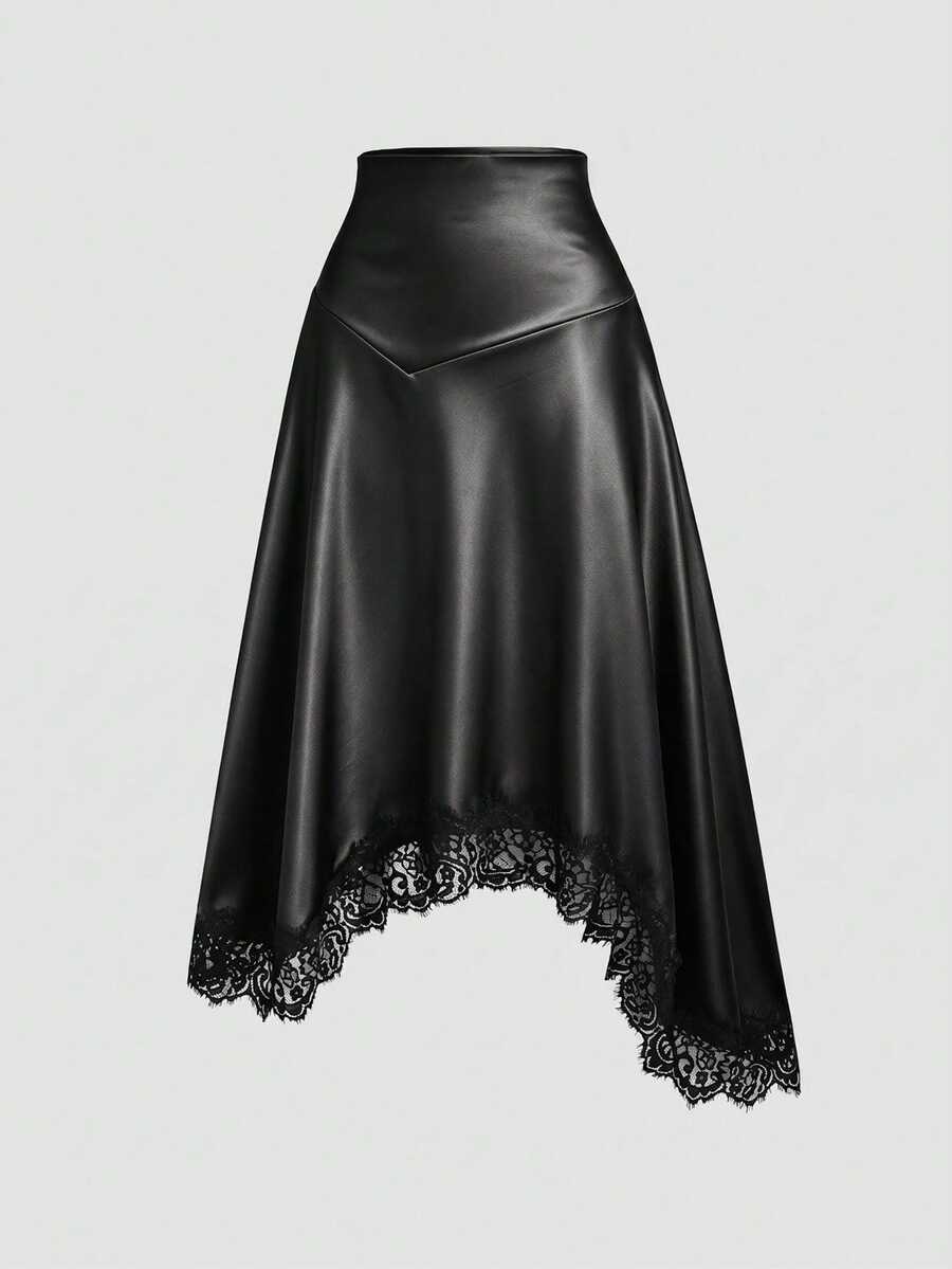Sweetra Premium Black Shiny Satin High-Waist Slimming Asymmetrical Hem Eyelash Lace Patchwork Draped Skirt - Black - View 1