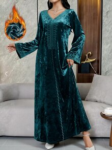 Al Najma 女款天鵝絨刺繡領阿拉伯式洋裝，秋季適用，Ninang 婚禮早晨晚宴洗禮賓客裝，珍珠飾面，端莊休閒優雅愛爾蘭風 - 綠色 - 查看 6