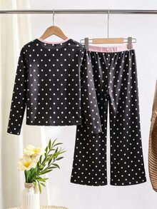 SHEIN Tween Girl Black Polka Dot & Pink Contrast 2 Pieces T-Shirt Set, Long Sleeve Slim Fit V-Neck Patchwork Top With Straight Leg Pants, Casual Loose Old Money Style, Suitable For School, Autumn, Halloween, Christmas And Daily Wear - Black - View 2