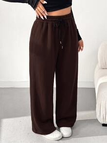 Comfortcana Chocolate Brown Plus Size High Waist Casual Straight Leg Sweatpants - Chocolate Brown - View 12