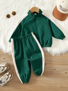 SHEIN 中性嬰兒男/女童 幼兒 2件組 秋冬休閒時尚拼色拼接立領運動衫套裝 外套套裝 嬰兒運動服 冬季衣物 - 綠色 - 查看 5