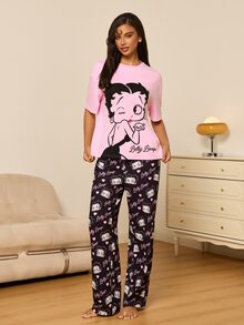 Betty Boop x SHEIN Women's Cartoon Print Short Sleeve Top And Long Pants Casual Daily Home Pajama Set - Pink - View 4