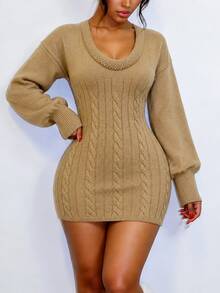 Selianne Women's Designer Asymmetrical Neckline Knit Sweater Dress - Camel - View 3