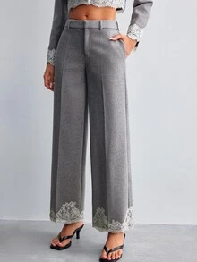 Willow Rêve Women's Gray Wool Blend Loose Straight Leg Pants With Lace Hem - Grey - View 3