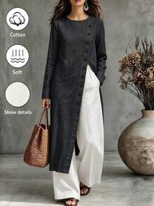 SHEIN Blus Wanita Lengan Panjang dengan Kerah Bulat dan Belahan Depan serta Kancing - Hitam - View 1