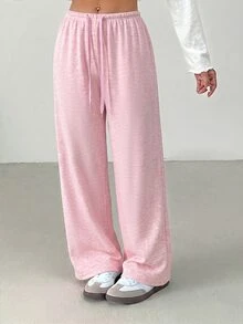 SHEIN PETITE 女款純色抽繩腰鬆軟針織寬鬆休閒長褲，秋冬款，寬腿褲 - 粉色 - 查看 6