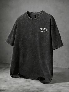 BATMAN X SHEIN Manfinity EMRG 男士大尺碼字母印花短袖休閒雪洗水 T-shirt - 黑色 - 查看 2