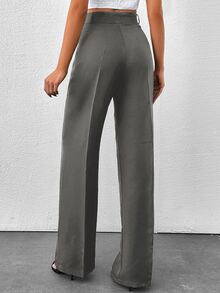 SHEIN Petite Women's Solid Color High Waisted Wide Leg Pants - Grey - View 2