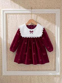 Souflis Souflis 2件組幼女絨毛洋裝 優雅甜美酒紅色蕾絲蝴蝶結印花 長袖圓領 加厚毛絨款 適合冬季與秋季節慶 - 酒紅色 - 查看 5