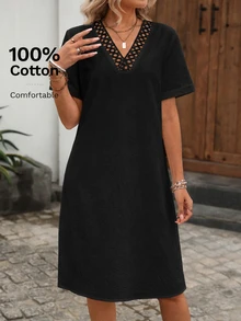 EMERY ROSE Women's Vacation Casual Plain V-Neck Hollow Patchwork Mid-Length Short Sleeve Dress Brunch Black - Black - View 5