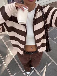 Solavibe 大尺碼女款連帽條紋針織開襟衫，適合度假、派對、日常外出、聚會、戶外活動，冬季穿著 - 卡其色 - 查看 7