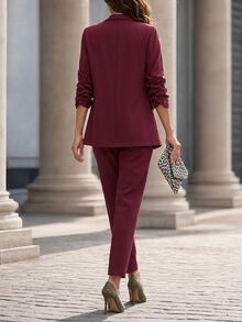 Editum Setelan Blazer dan Celana Panjang Model Kerah Syal Terbuka Depan Tanpa Atasan Cami untuk Musim Gugur/Dingin - Burgundy - View 2