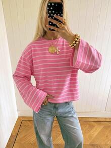SHEIN EZwear 女款休閒寬鬆長袖條紋T恤，秋冬女裝 - 彩色 - 查看 4