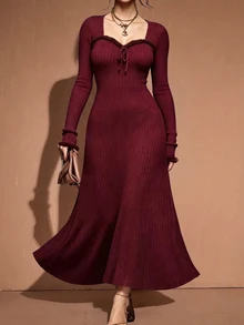 GlowEve CURVE Gaun Rajut Lengan Panjang Elegan untuk Wanita Ukuran Plus di Musim Gugur - Merah - View 4