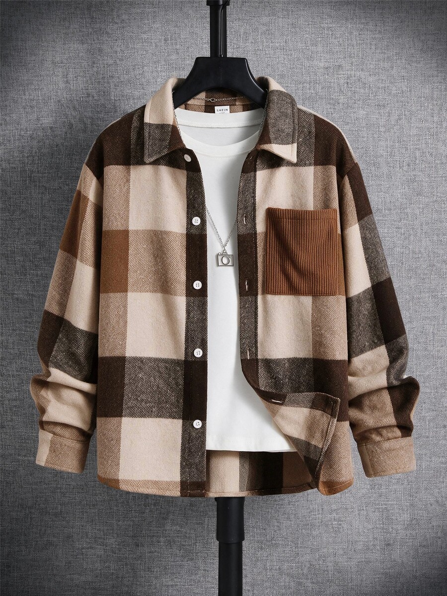 SHEIN Kids Tween Boy Casual Daily Comfortable Plaid Turn-Down Collar Loose Long Sleeve Woven Button-Up Shirt - Multicolor - View 1