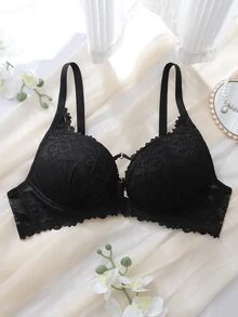 DelicateAllure Áo ngực size lớn màu đen có gọng, cúp đúc, nâng đỡ cao, khe ngực thấp, phối ren, phong cách Pháp lãng mạn - màu đen - Xem 1