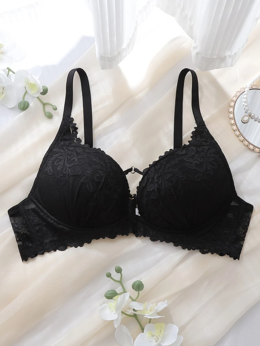 DelicateAllure Áo ngực size lớn màu đen có gọng, cúp đúc, nâng đỡ cao, khe ngực thấp, phối ren, phong cách Pháp lãng mạn - màu đen - Xem 1