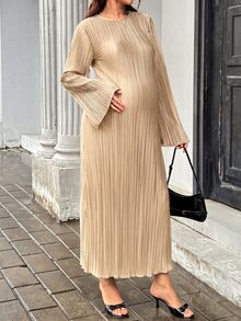 SHEIN Maternity Solid Color Round Neck Flared Sleeve Elegant Dress - Apricot - View 6